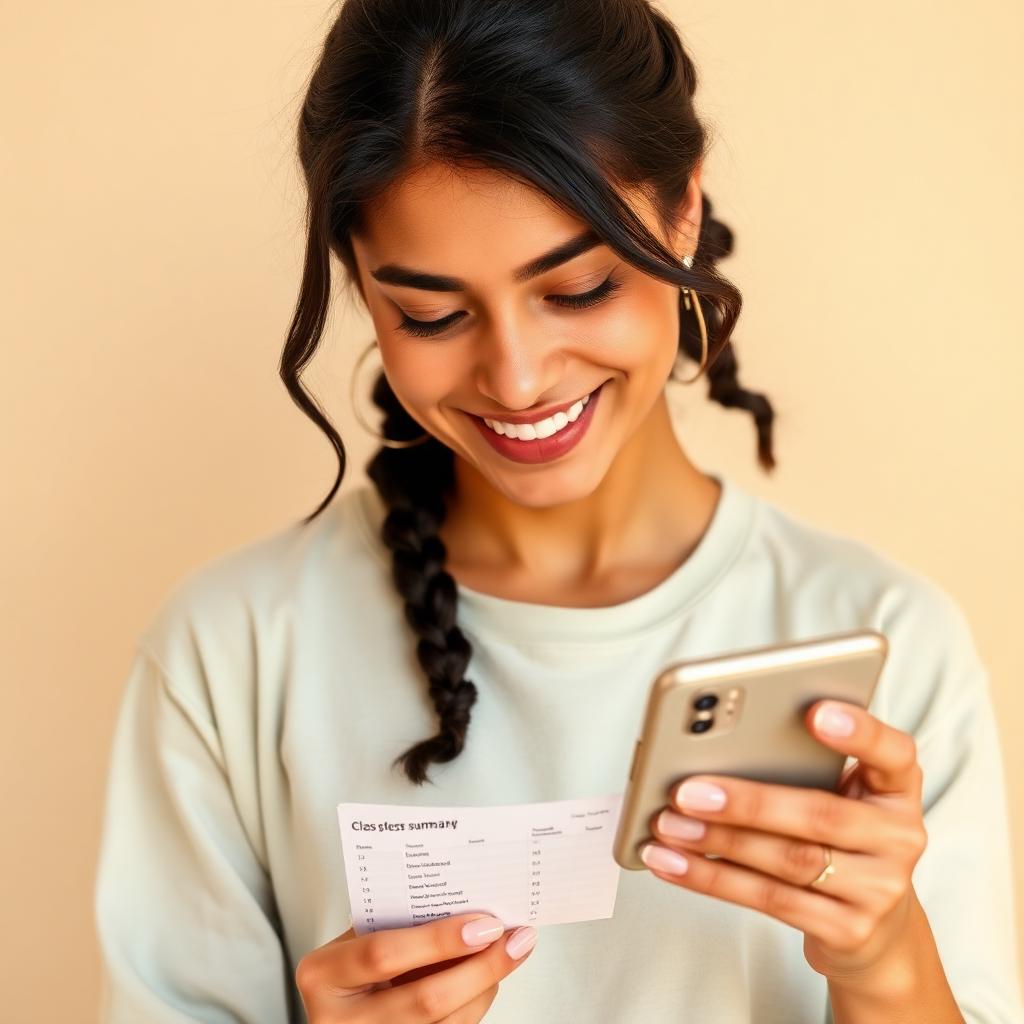 Instructor smiling at a phone with earnings summary