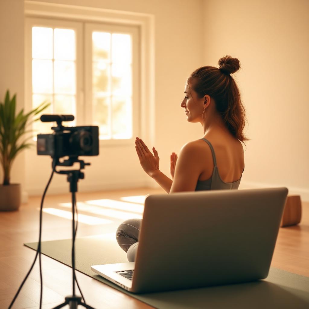 Instructor teaching a live online yoga class from home studio