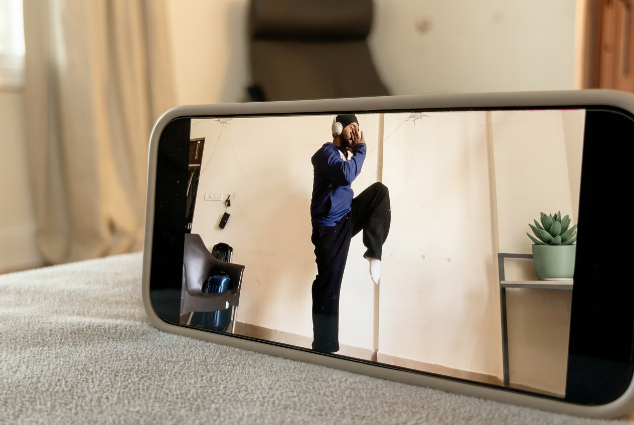 A phone propped up showing a live Ekam class in progress