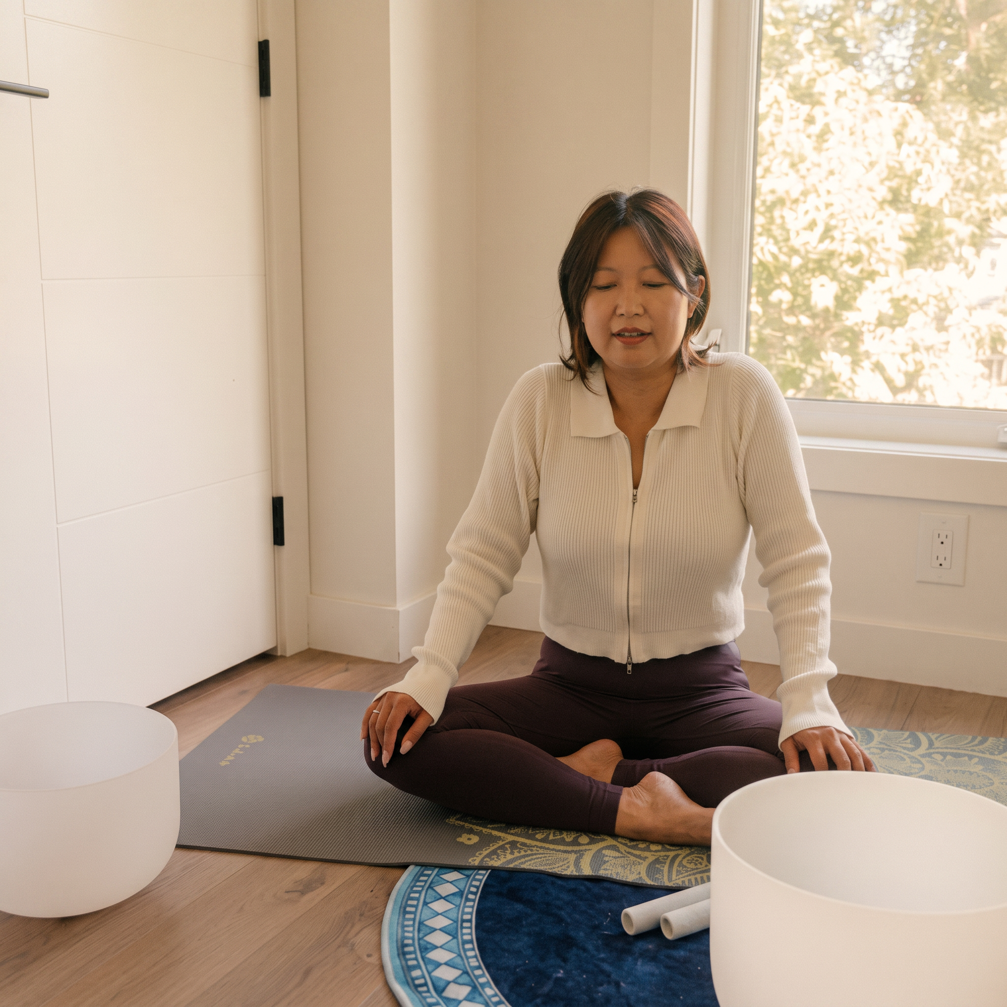 Instructor seated between crystal singing bowls during a live sound bath class