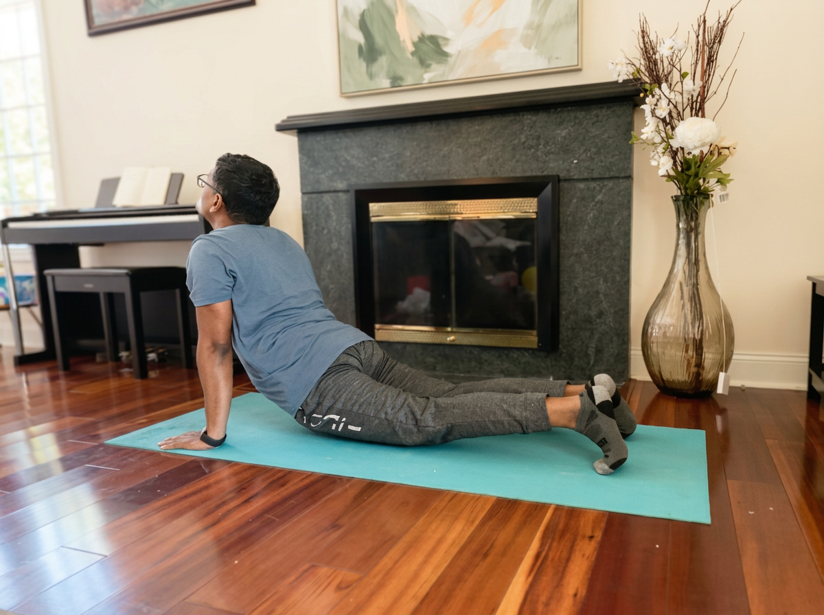 Member in an upward-facing dog pose on a mat at home during a live class