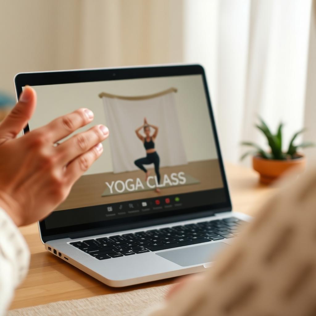 Laptop showing a live yoga class with virtual background