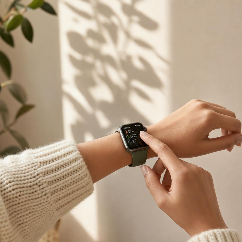 Wrist wearing an Apple Watch capturing wellness data